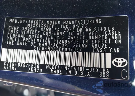 2023 Toyota Corolla Le from USA, damaged, VIN 5YFB4MDE5PP007987